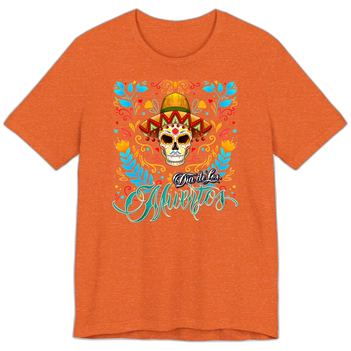 Vibrant Sombrero Sugar Skull Dia de Los Muertos Premium T-Shirt in Heather Orange