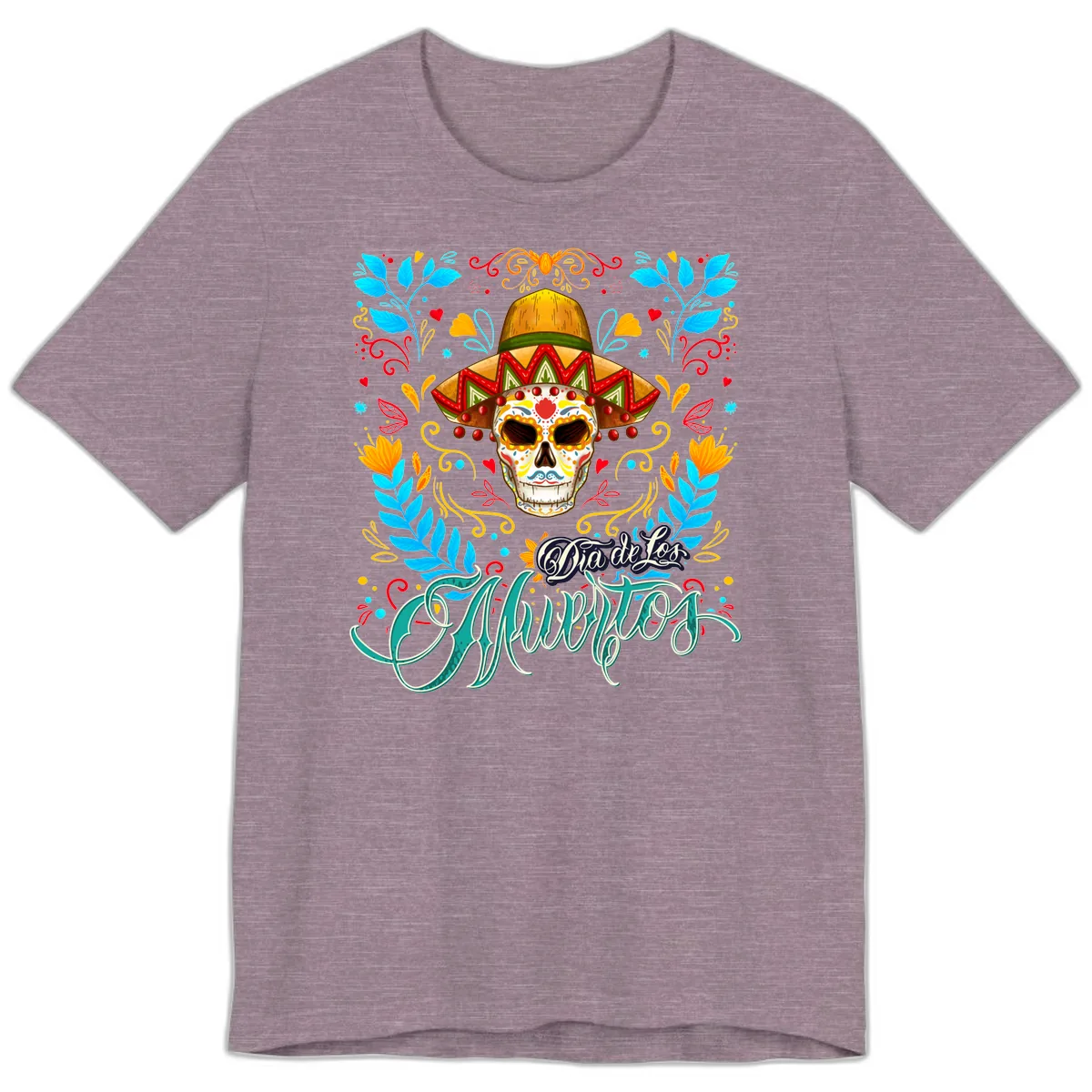Vibrant Sombrero Sugar Skull Dia de Los Muertos Premium T-Shirt in Heather Purple
