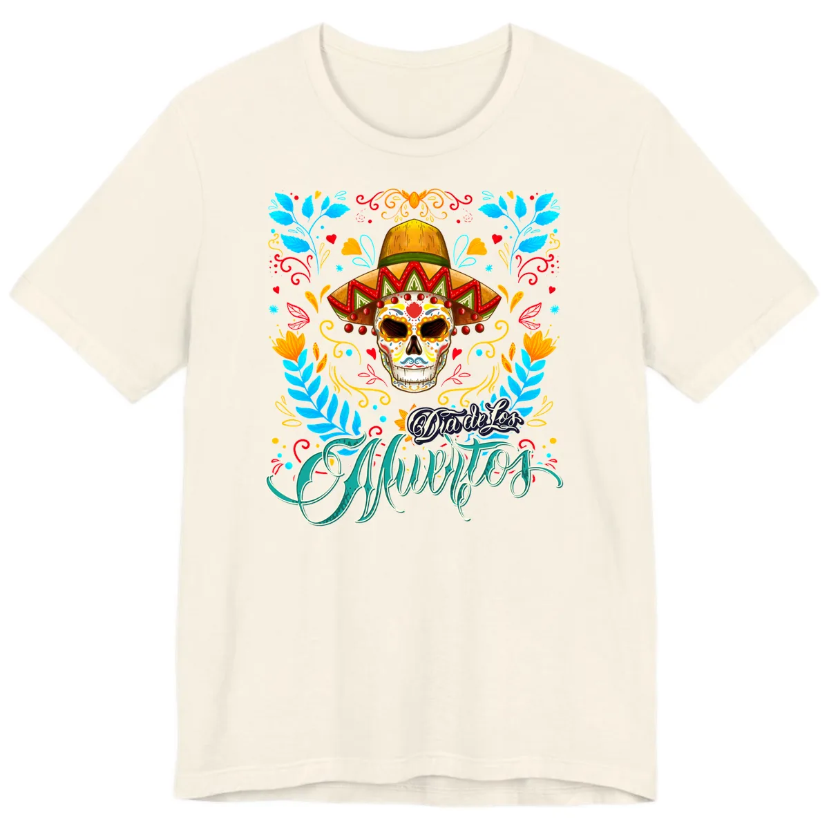 Vibrant Sombrero Sugar Skull Dia de Los Muertos Premium T-Shirt in Natural