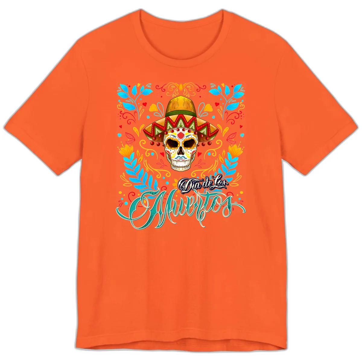 Vibrant Sombrero Sugar Skull Dia de Los Muertos Premium T-Shirt in Orange