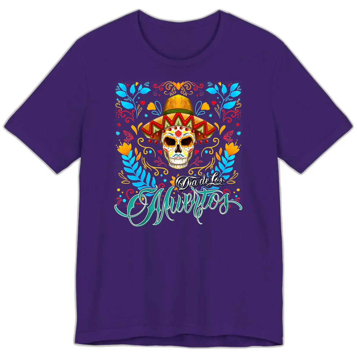 Vibrant Sombrero Sugar Skull Dia de Los Muertos Premium T-Shirt in Team Purple