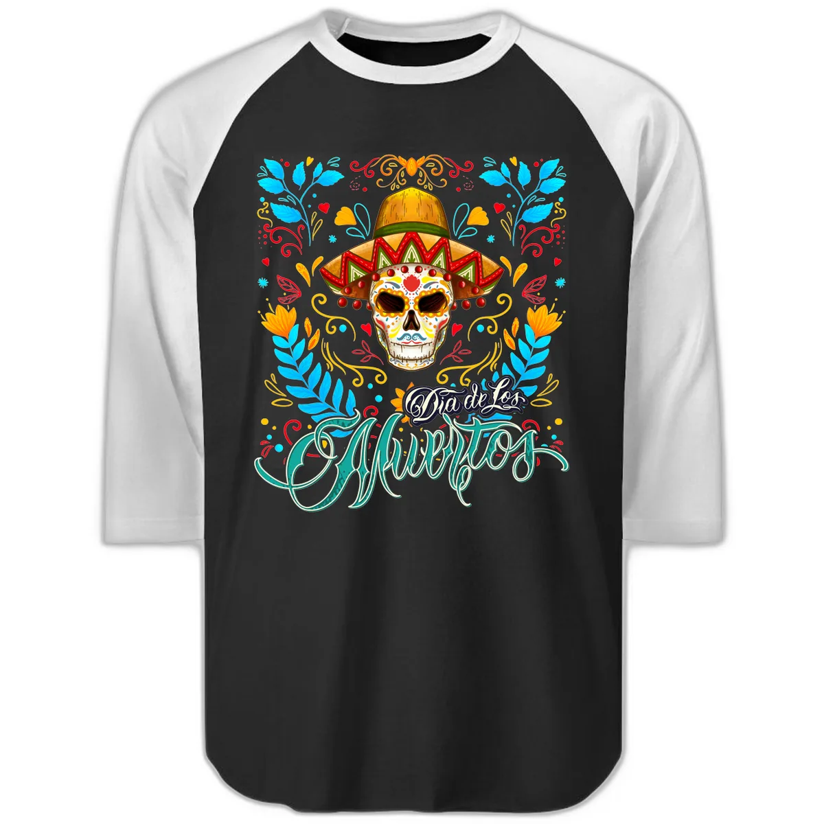 Vibrant Sombrero Sugar Skull Dia de Los Muertos Raglan 3/4 in Black White