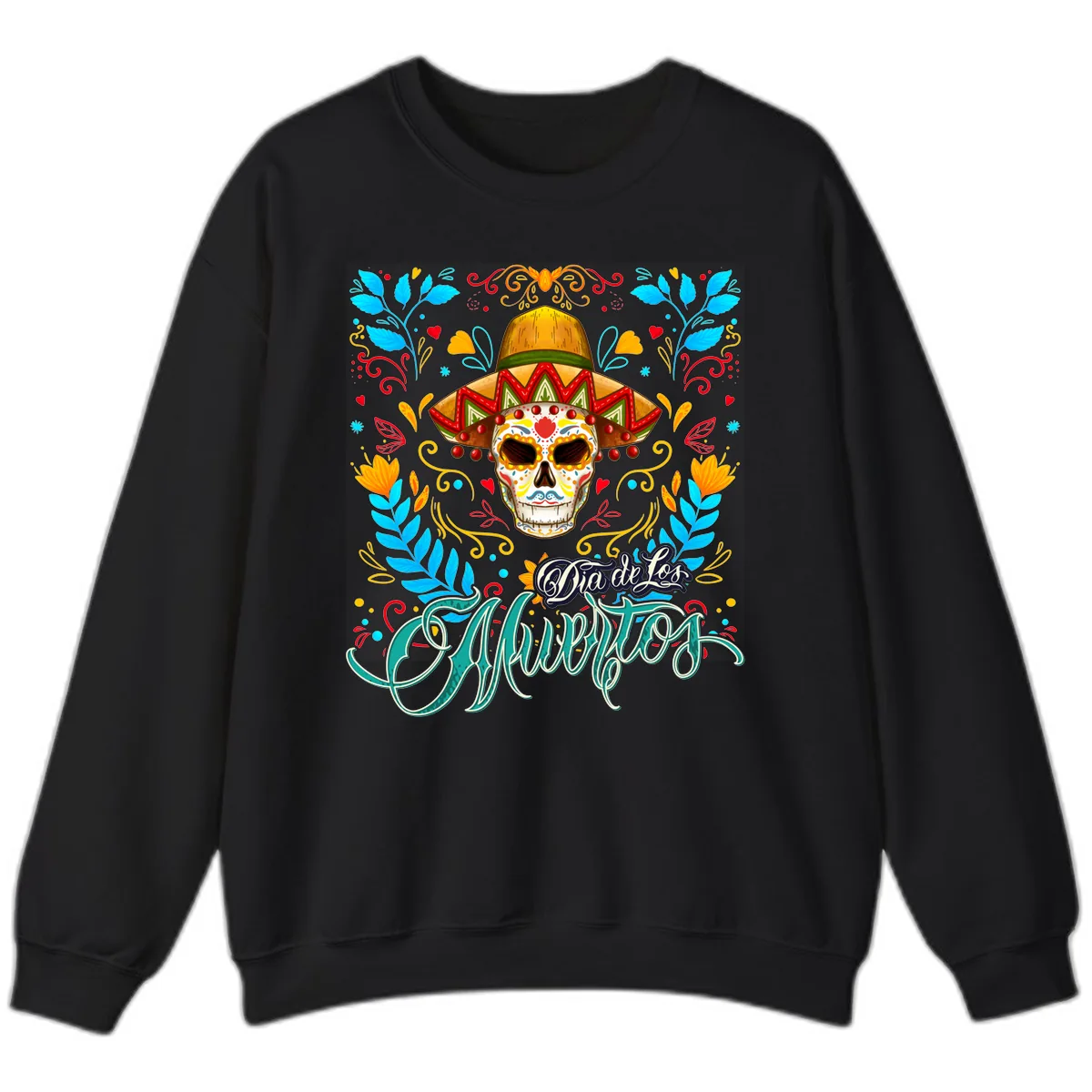 Vibrant Sombrero Sugar Skull Dia de Los Muertos Sweatshirt in Black