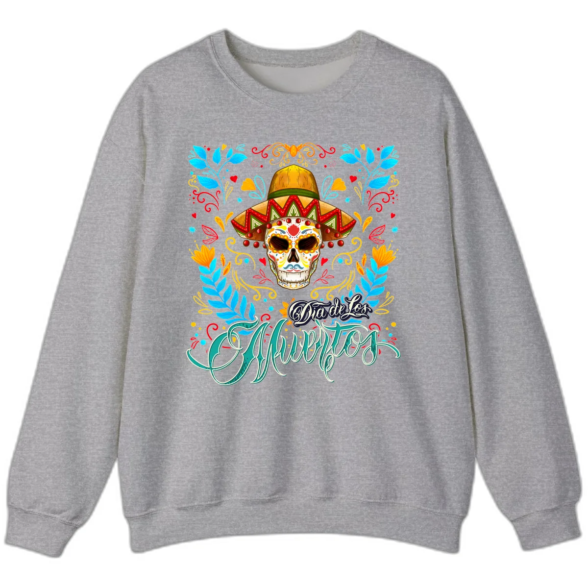 Vibrant Sombrero Sugar Skull Dia de Los Muertos Sweatshirt in Sport Grey