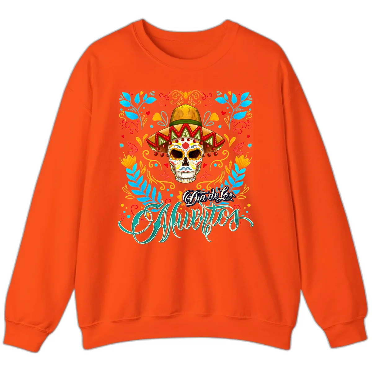 Vibrant Sombrero Sugar Skull Dia de Los Muertos Sweatshirt in Orange