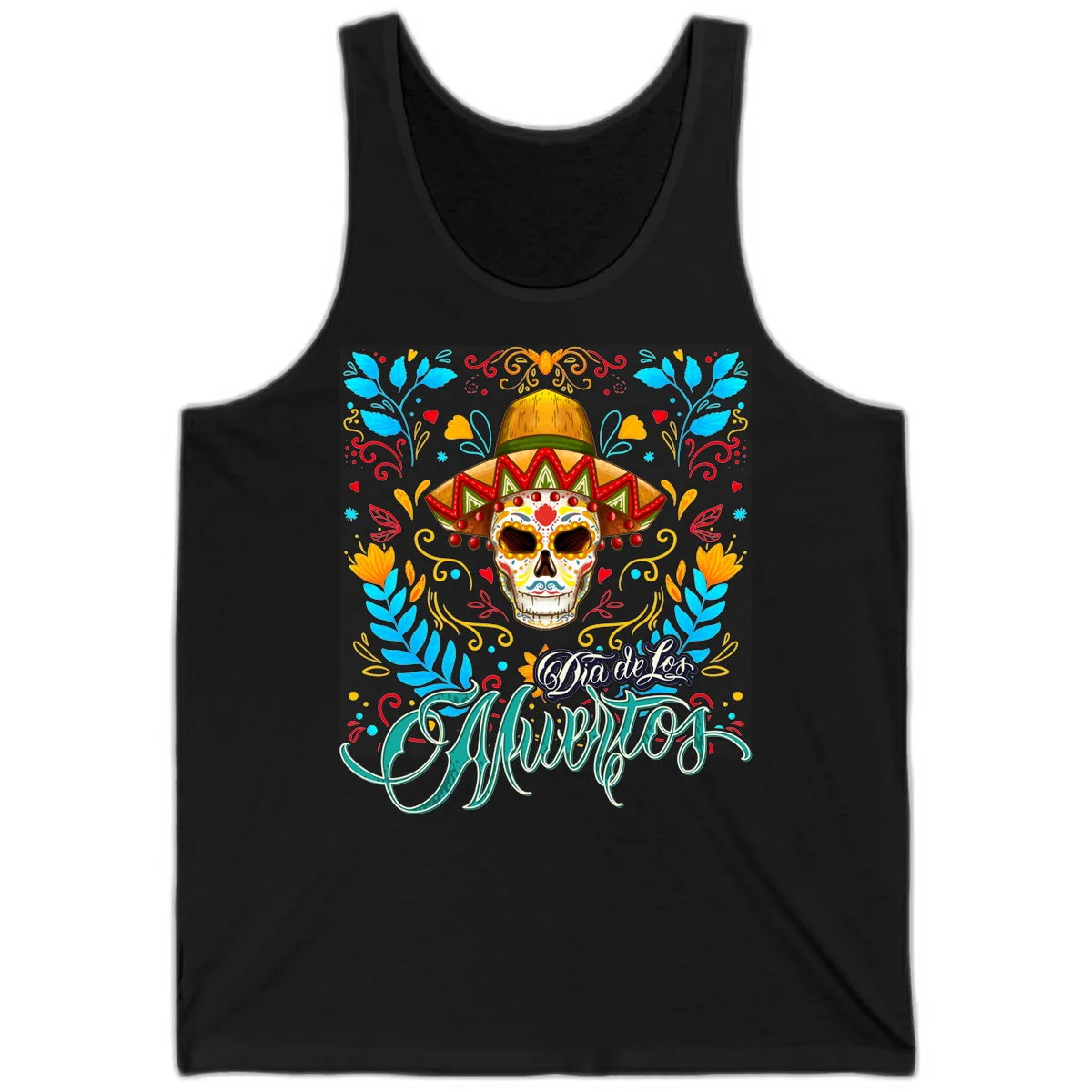 Vibrant Sombrero Sugar Skull Dia de Los Muertos Tank in Black