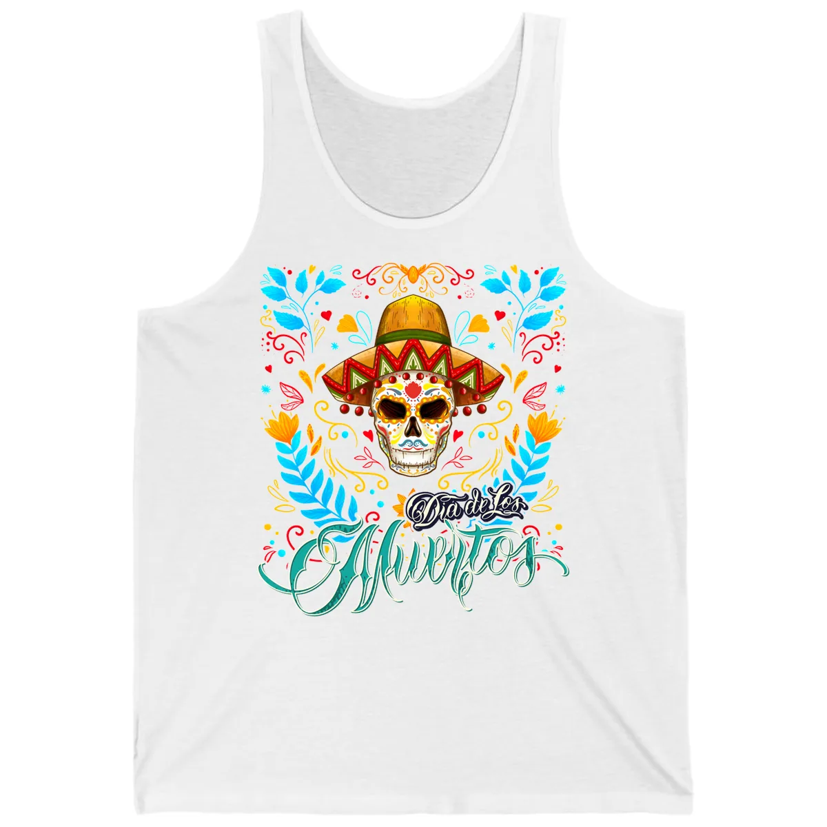 Vibrant Sombrero Sugar Skull Dia de Los Muertos Tank in White