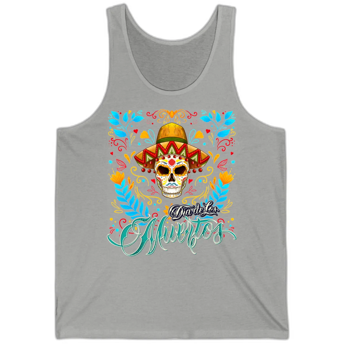 Vibrant Sombrero Sugar Skull Dia de Los Muertos Tank in Athletic Heather