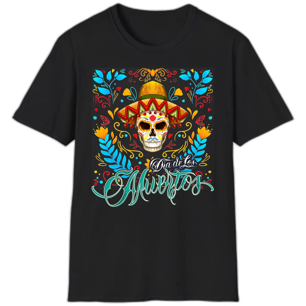Vibrant Sombrero Sugar Skull Dia de Los Muertos T-Shirt in Black