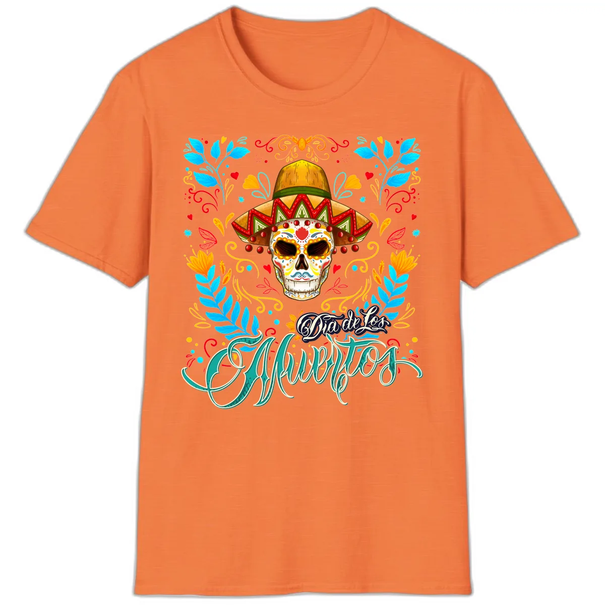 Vibrant Sombrero Sugar Skull Dia de Los Muertos T-Shirt in Heather Orange