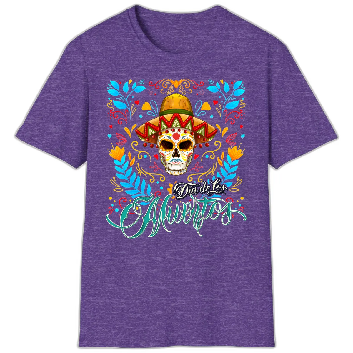 Vibrant Sombrero Sugar Skull Dia de Los Muertos T-Shirt in Heather Purple