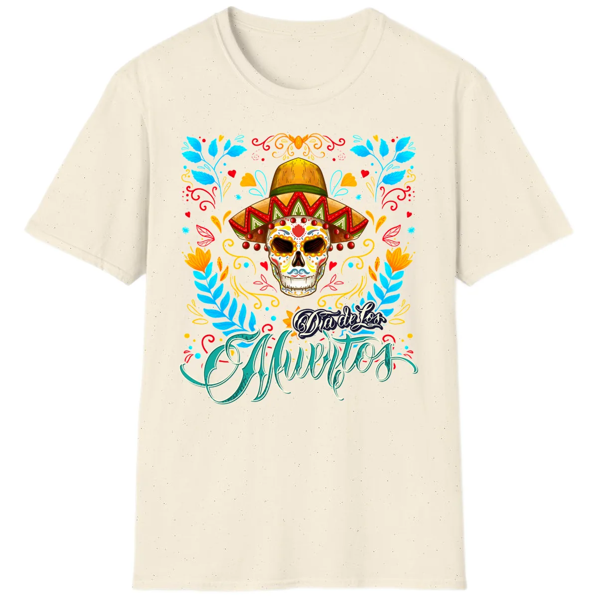Vibrant Sombrero Sugar Skull Dia de Los Muertos T-Shirt in Natural