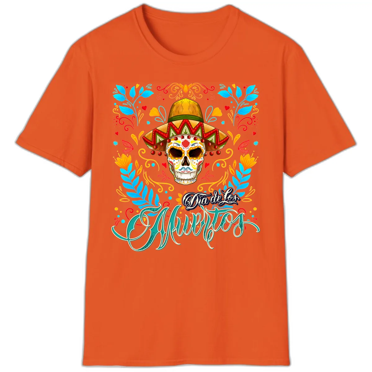 Vibrant Sombrero Sugar Skull Dia de Los Muertos T-Shirt in Orange