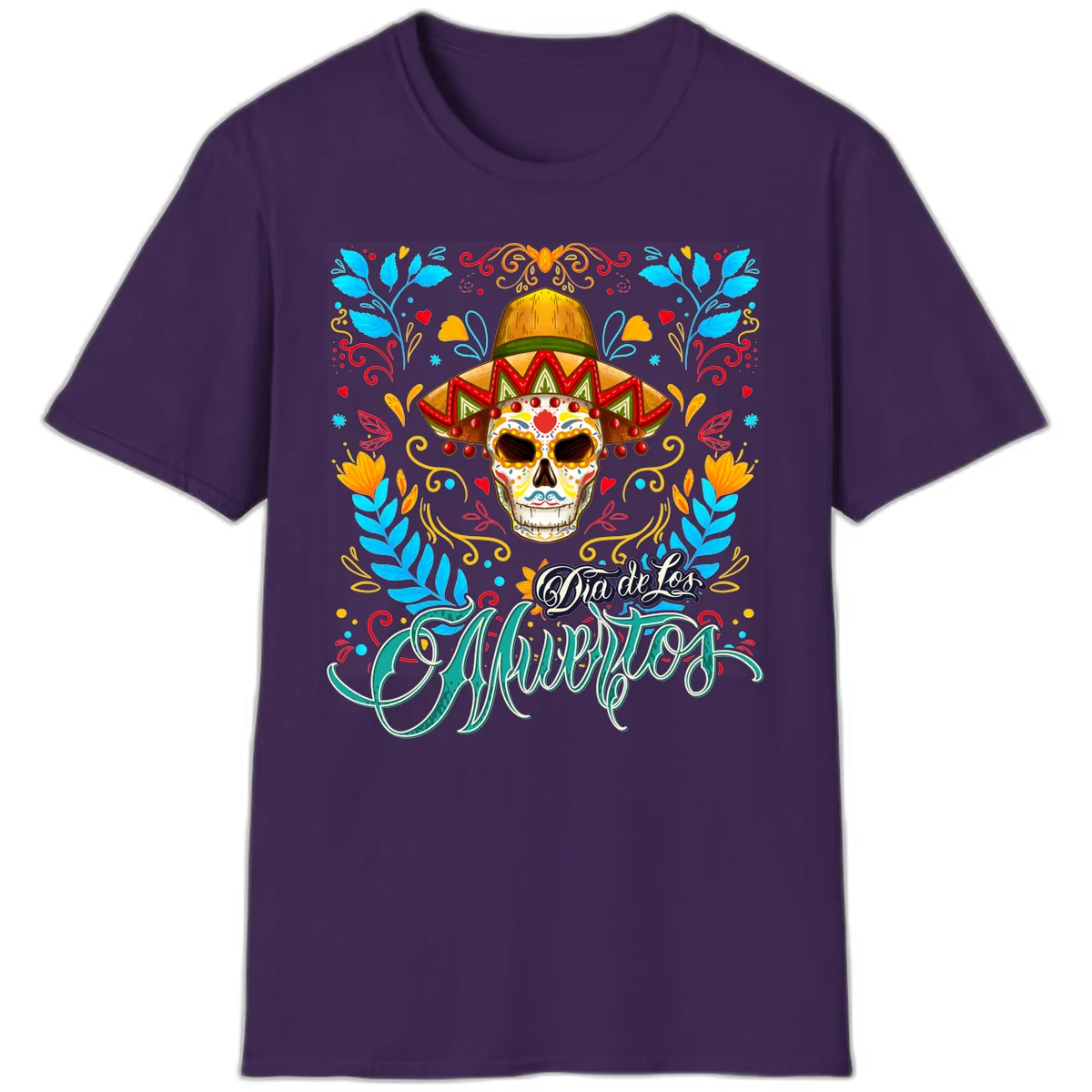 Vibrant Sombrero Sugar Skull Dia de Los Muertos T-Shirt in Purple