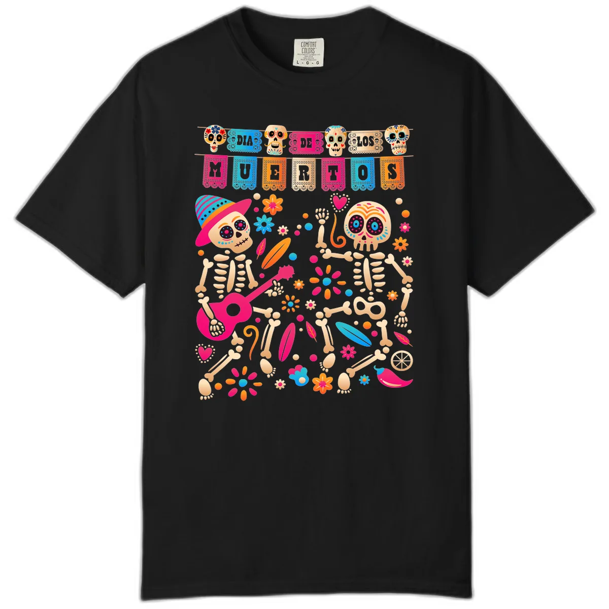 Festive Día de los Muertos Skeletons Celebration Comfort Color in Black