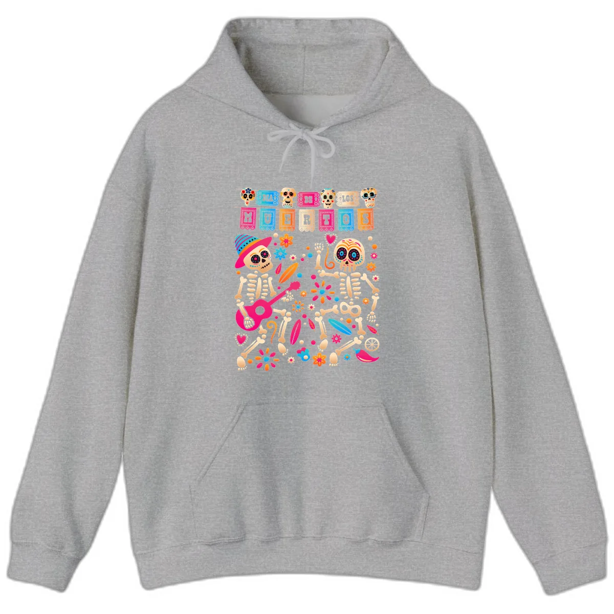 Festive Día de los Muertos Skeletons Celebration Hoodie in Sport Grey
