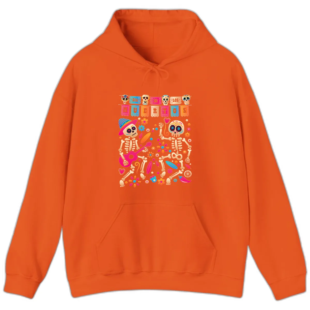 Festive Día de los Muertos Skeletons Celebration Hoodie in Orange