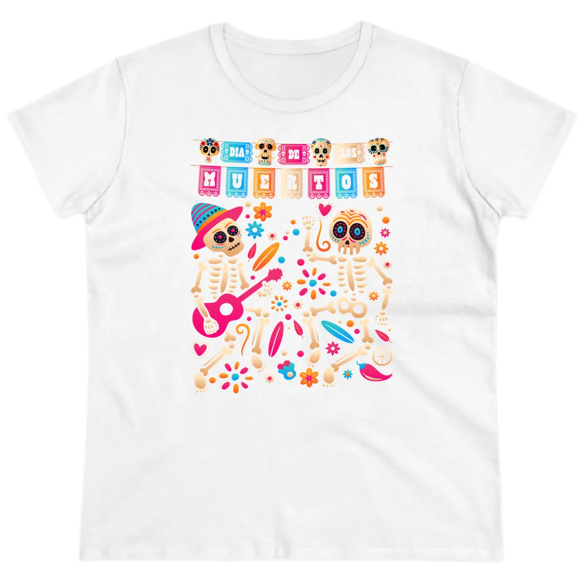 Festive Día de los Muertos Skeletons Celebration Ladies Tee in White