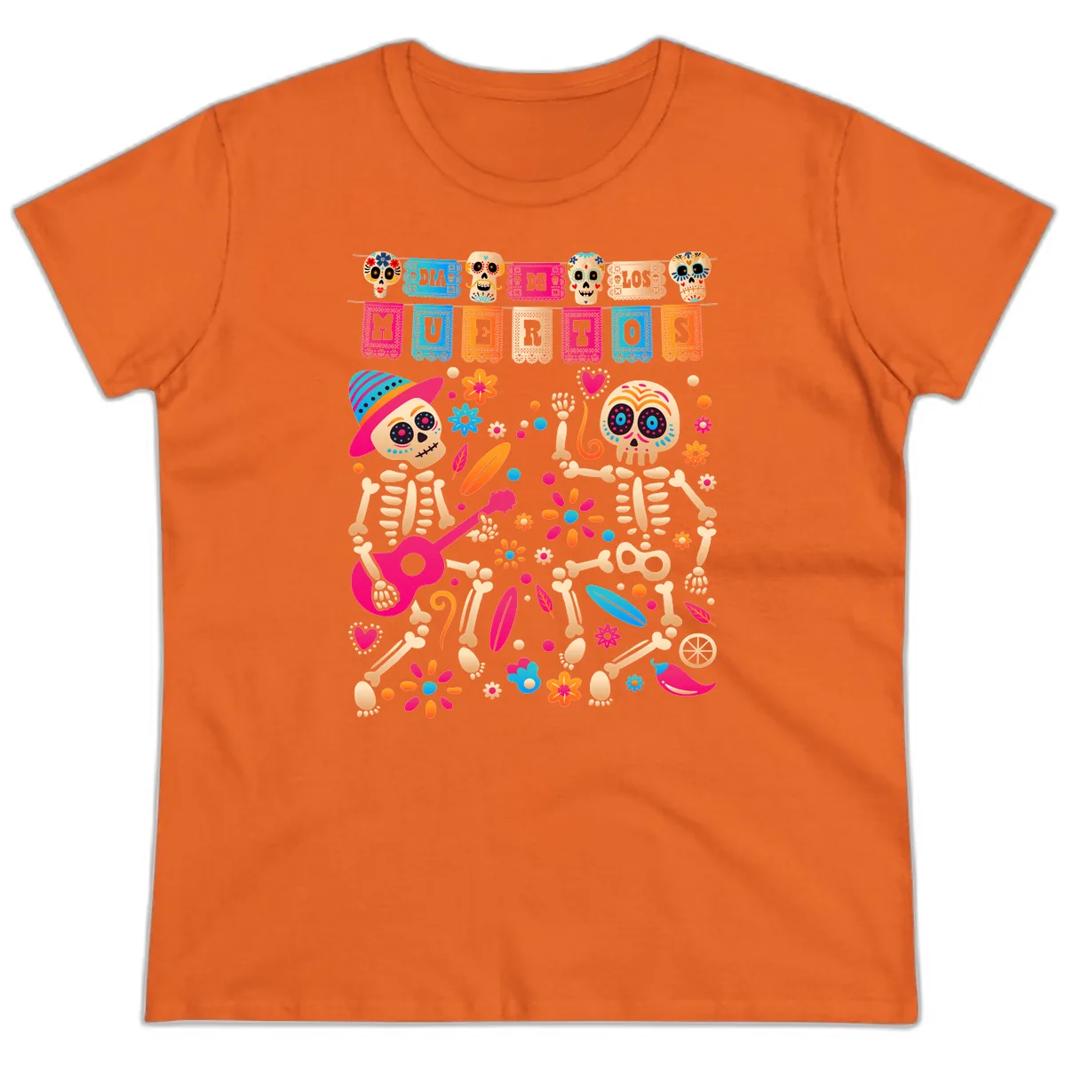 Festive Día de los Muertos Skeletons Celebration Ladies Tee in Orange