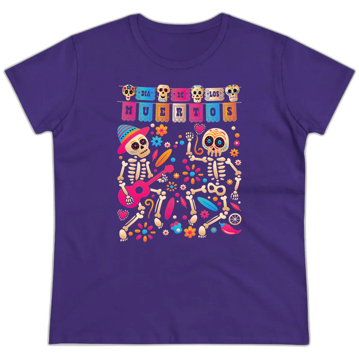 Festive Día de los Muertos Skeletons Celebration Ladies Tee in Purple