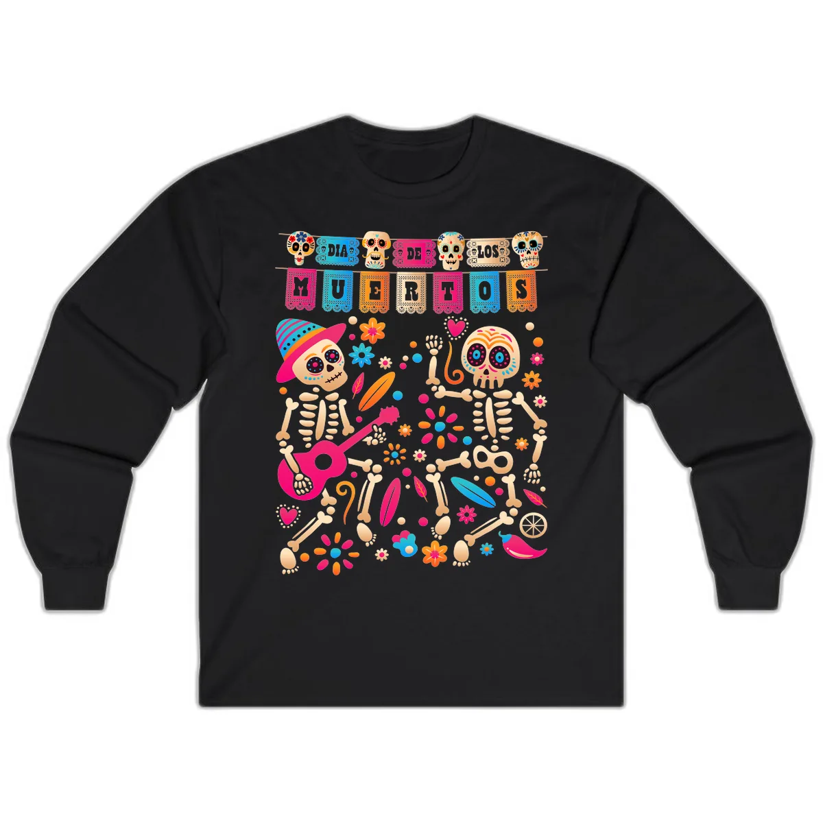 Festive Día de los Muertos Skeletons Celebration Long Sleeve in Black