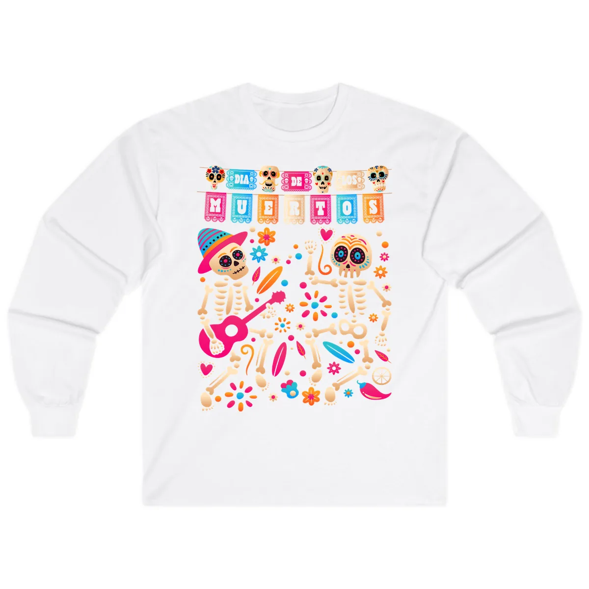 Festive Día de los Muertos Skeletons Celebration Long Sleeve in White