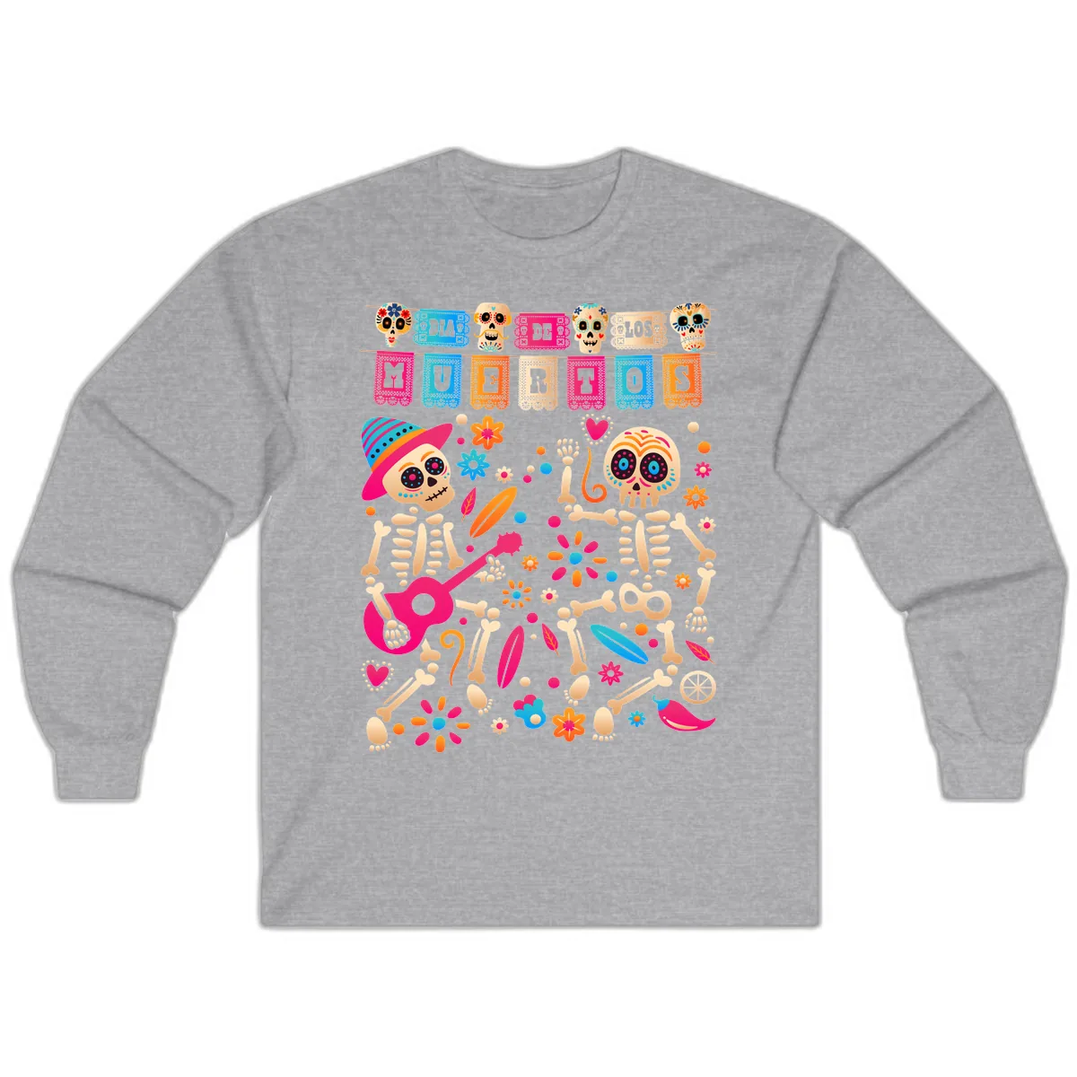 Festive Día de los Muertos Skeletons Celebration Long Sleeve in Sport Grey