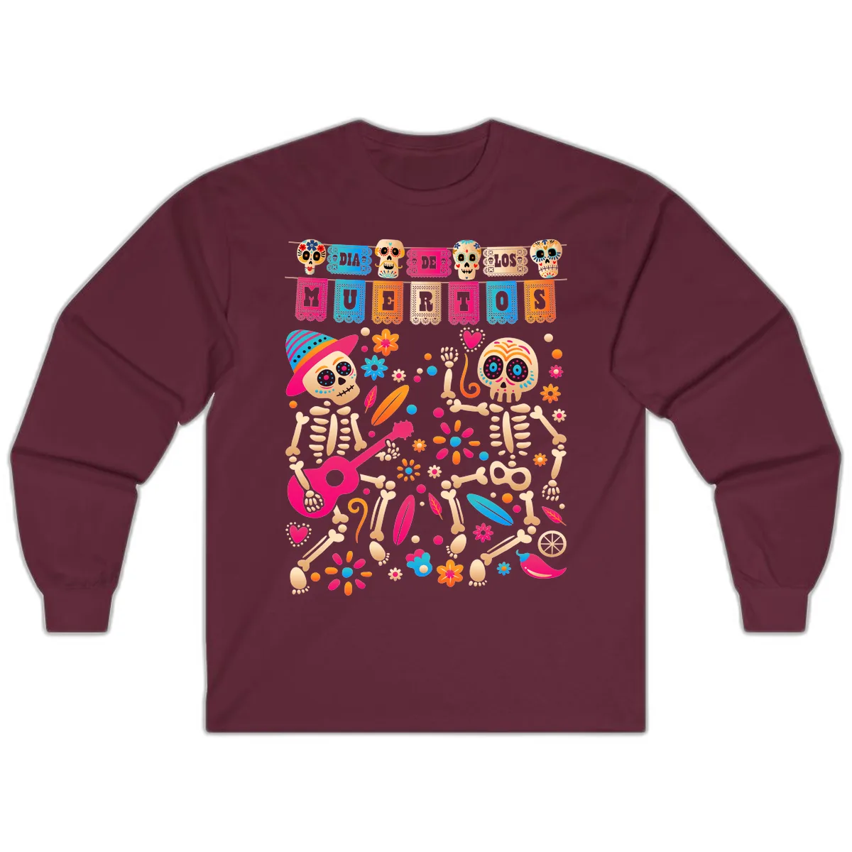 Festive Día de los Muertos Skeletons Celebration Long Sleeve in Maroon