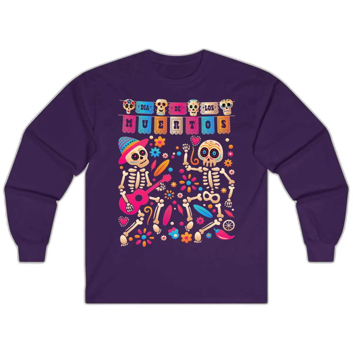Festive Día de los Muertos Skeletons Celebration Long Sleeve in Purple