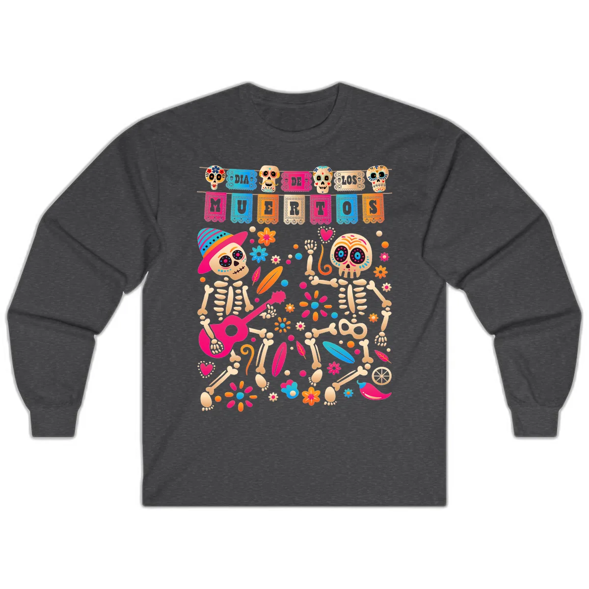 Festive Día de los Muertos Skeletons Celebration Long Sleeve in Dark Heather