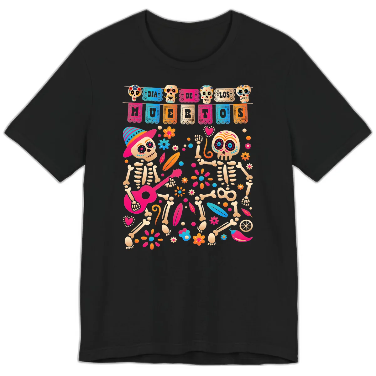Festive Día de los Muertos Skeletons Celebration Premium T-Shirt in Black