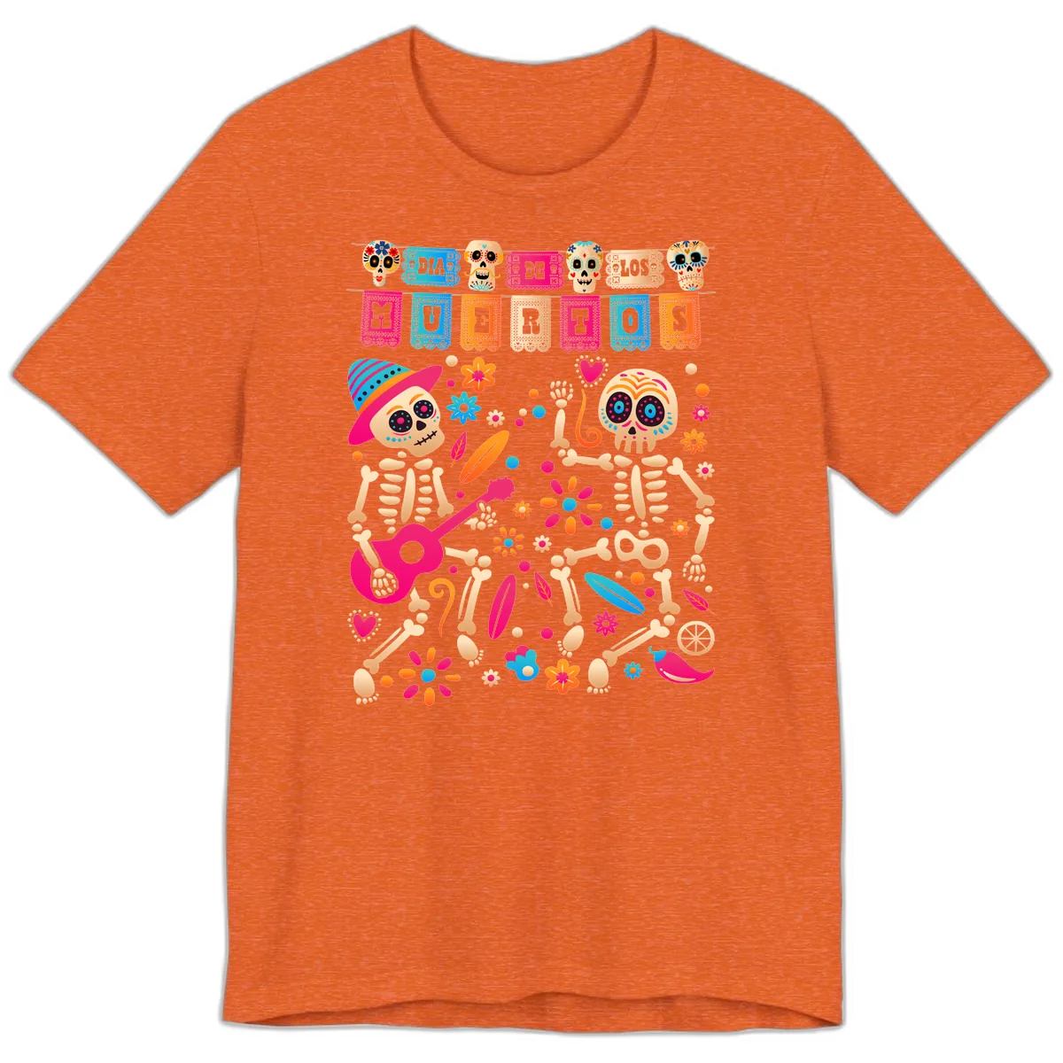 Festive Día de los Muertos Skeletons Celebration Premium T-Shirt in Heather Orange