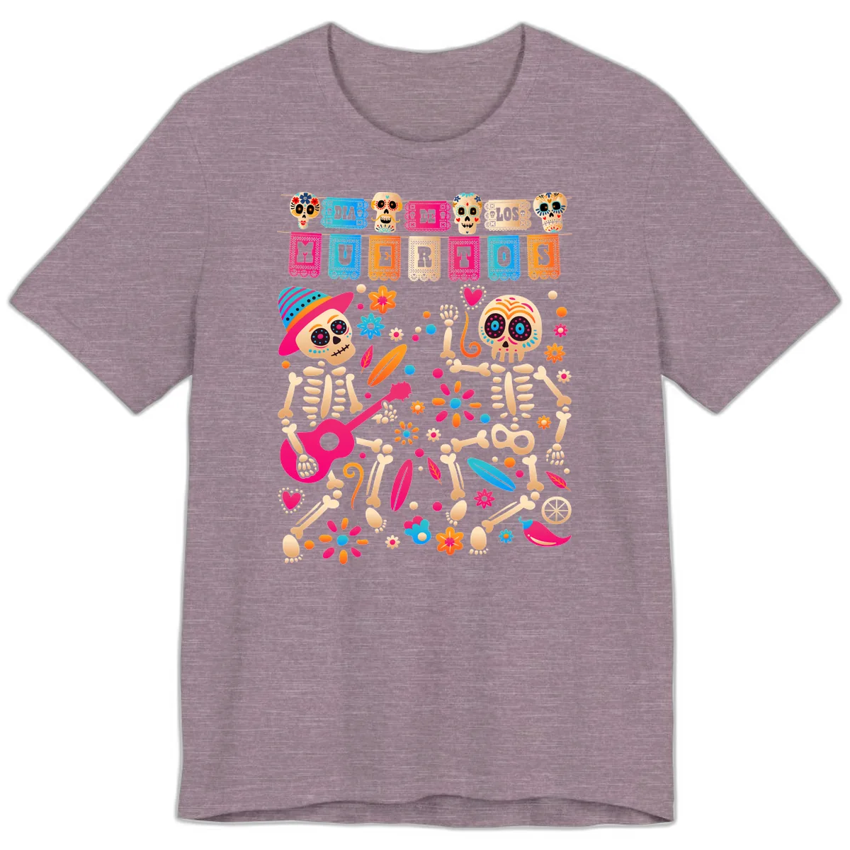 Festive Día de los Muertos Skeletons Celebration Premium T-Shirt in Heather Purple