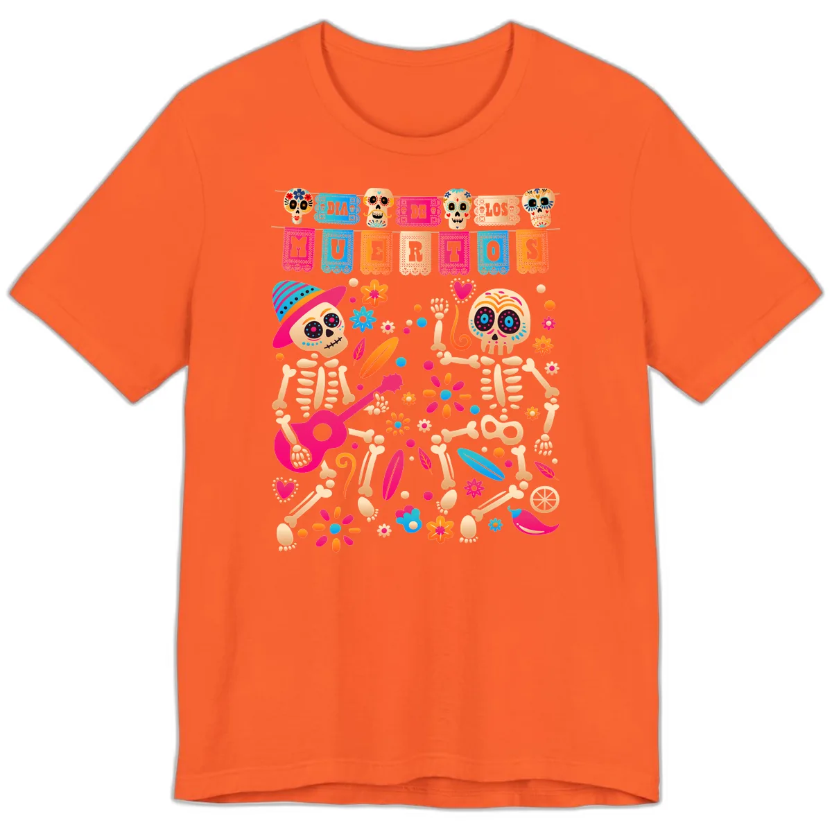 Festive Día de los Muertos Skeletons Celebration Premium T-Shirt in Orange