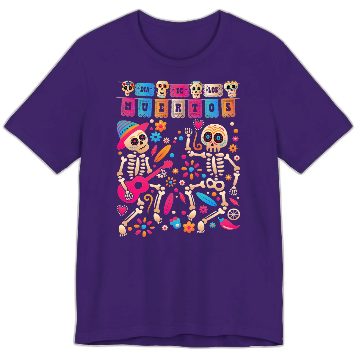 Festive Día de los Muertos Skeletons Celebration Premium T-Shirt in Team Purple