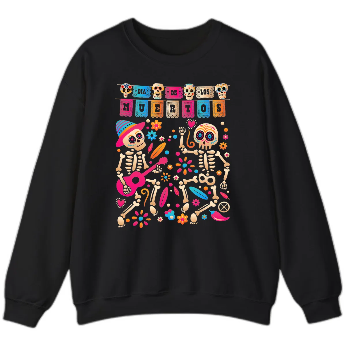 Festive Día de los Muertos Skeletons Celebration Sweatshirt in Black