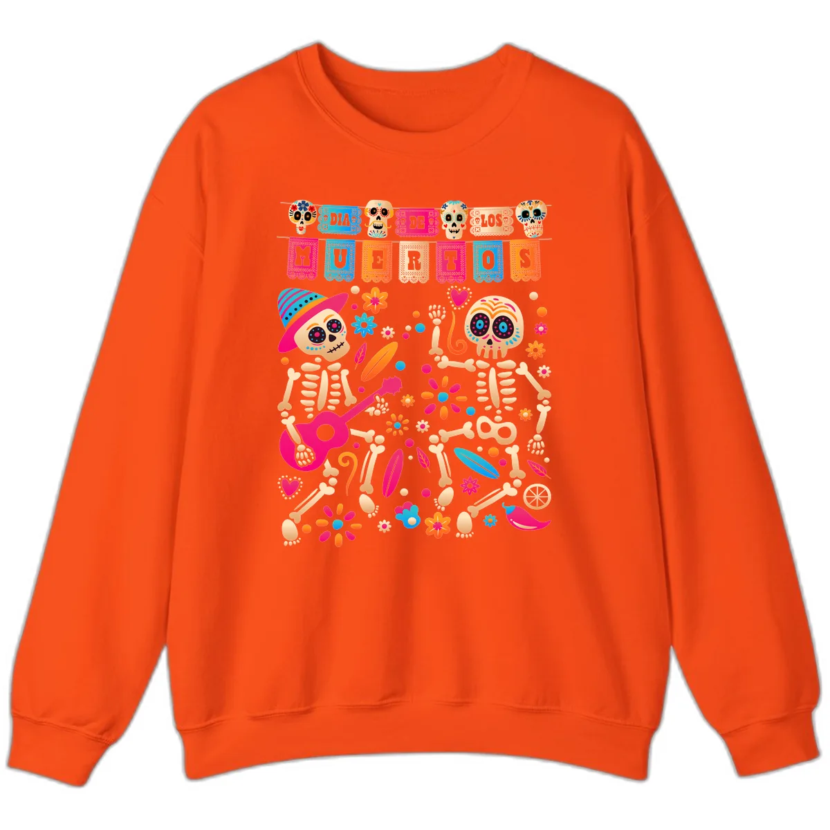 Festive Día de los Muertos Skeletons Celebration Sweatshirt in Orange