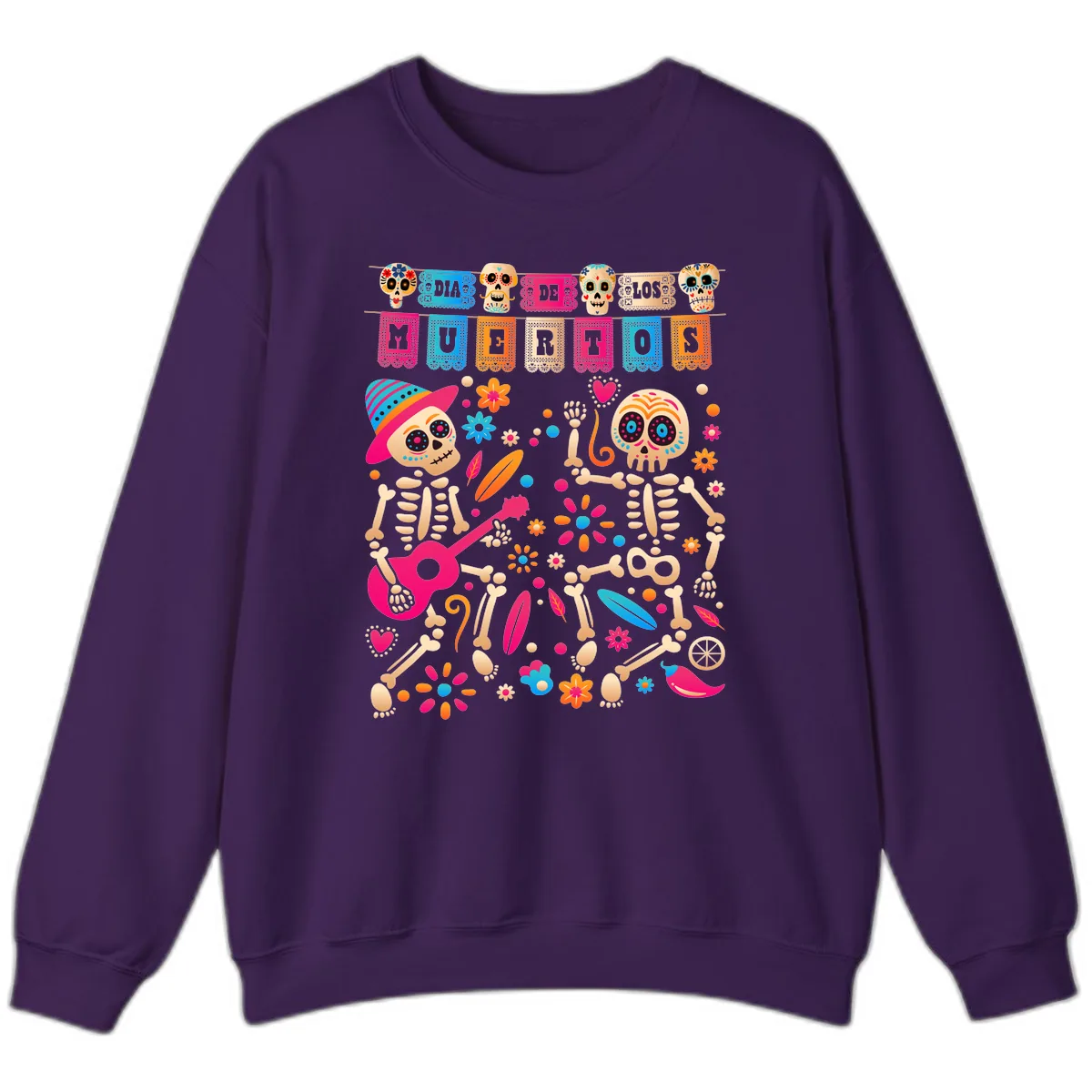 Festive Día de los Muertos Skeletons Celebration Sweatshirt in Purple