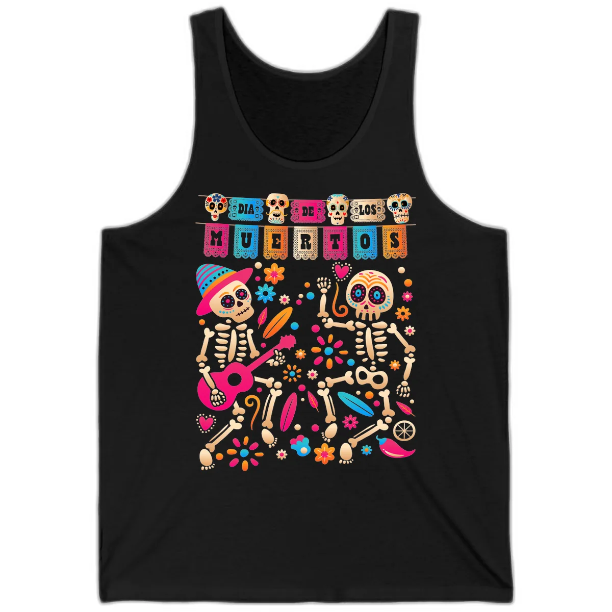 Festive Día de los Muertos Skeletons Celebration Tank in Black