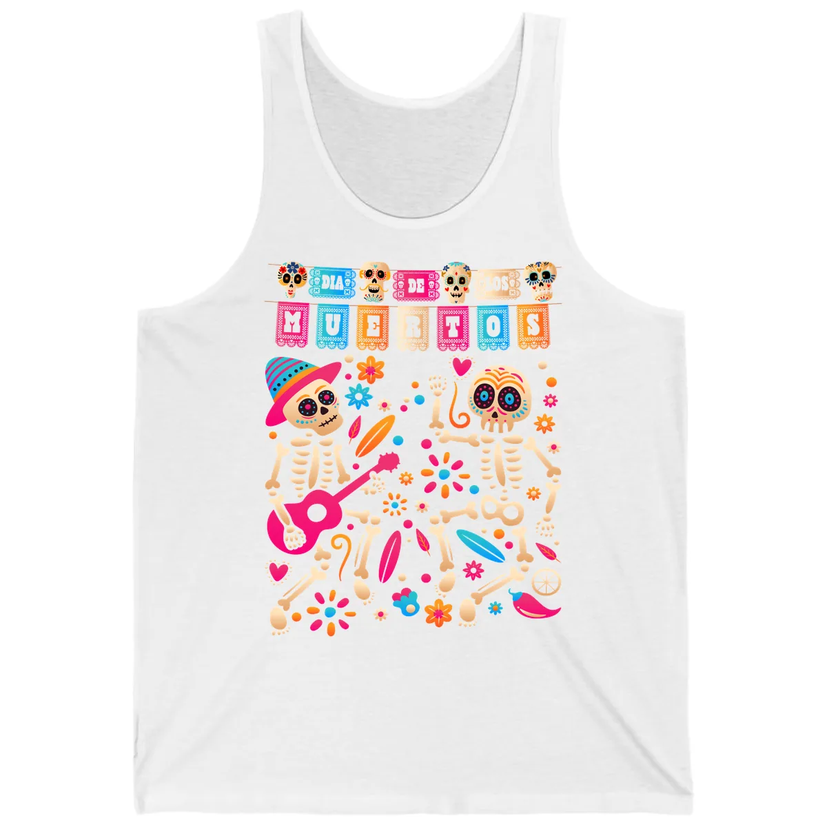 Festive Día de los Muertos Skeletons Celebration Tank in White