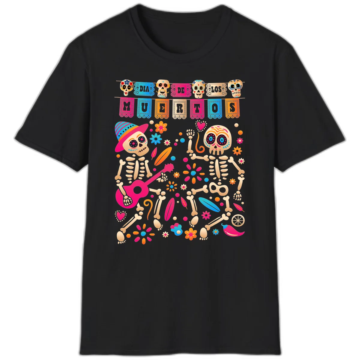 Festive Día de los Muertos Skeletons Celebration T-Shirt in Black