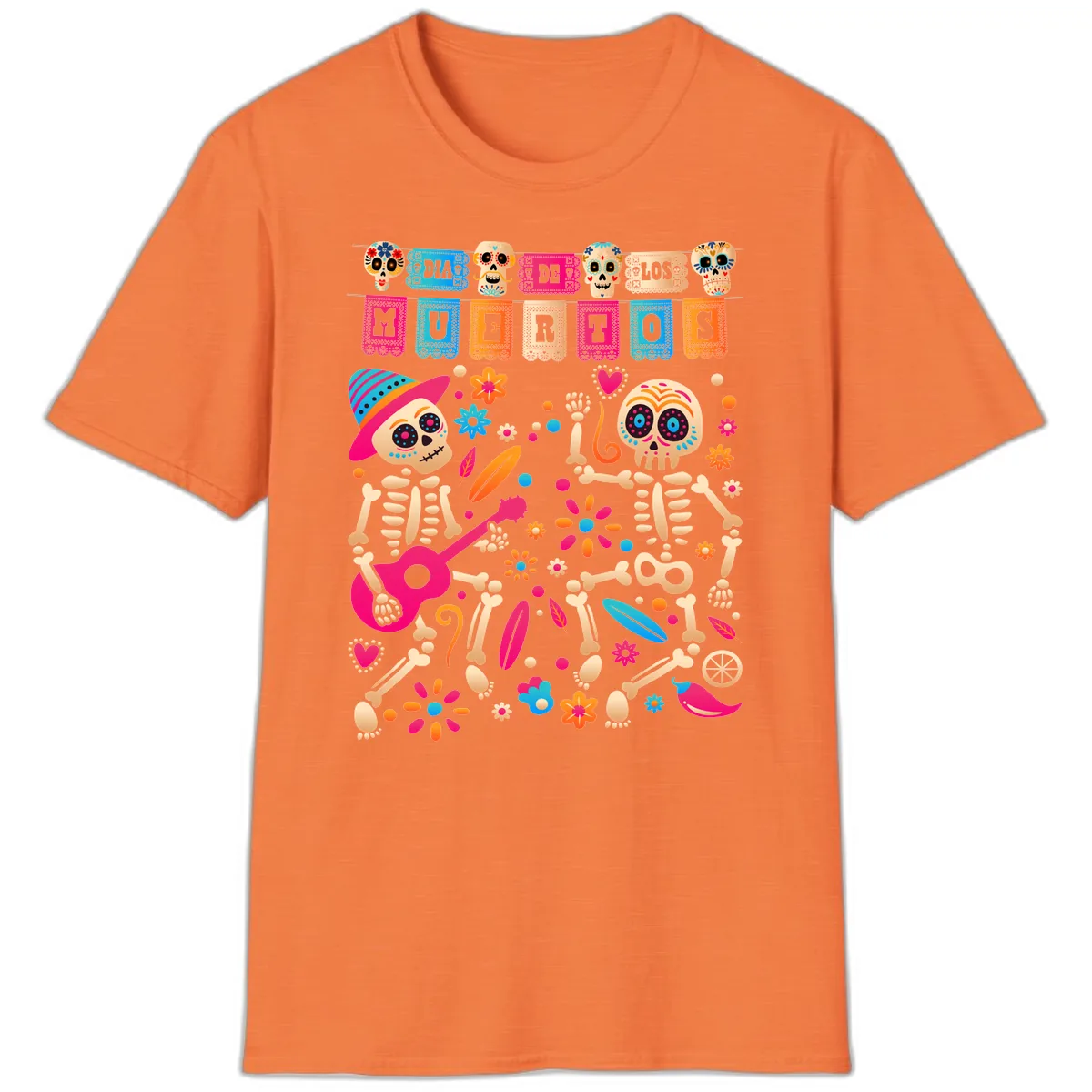 Festive Día de los Muertos Skeletons Celebration T-Shirt in Heather Orange