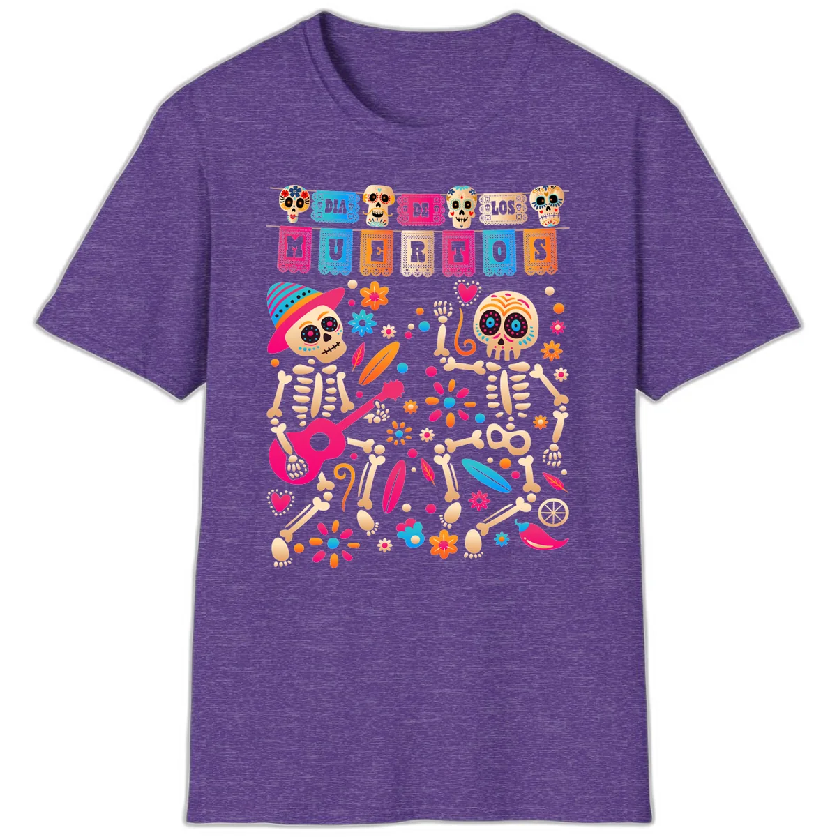 Festive Día de los Muertos Skeletons Celebration T-Shirt in Heather Purple