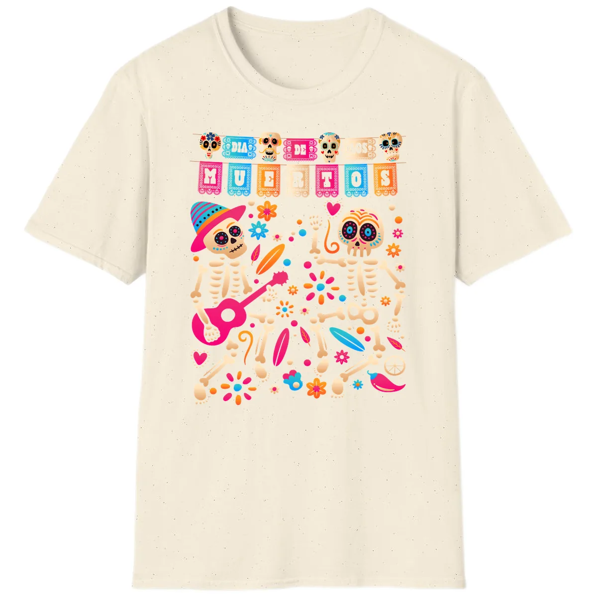 Festive Día de los Muertos Skeletons Celebration T-Shirt in Natural