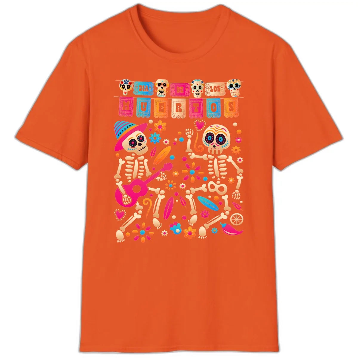 Festive Día de los Muertos Skeletons Celebration T-Shirt in Orange
