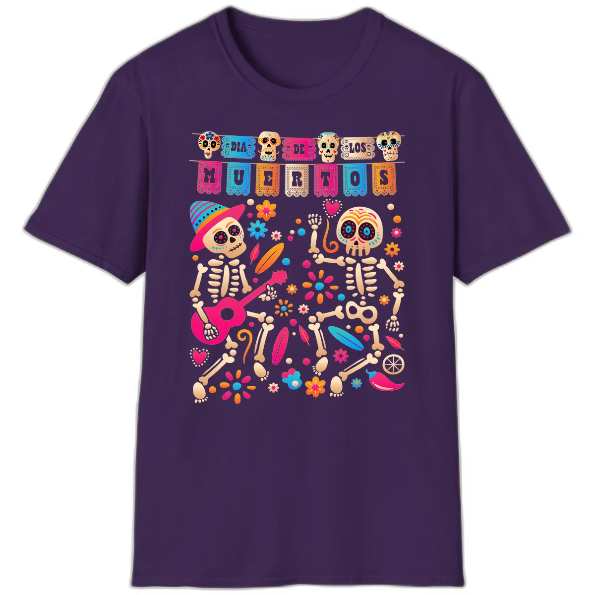 Festive Día de los Muertos Skeletons Celebration T-Shirt in Purple