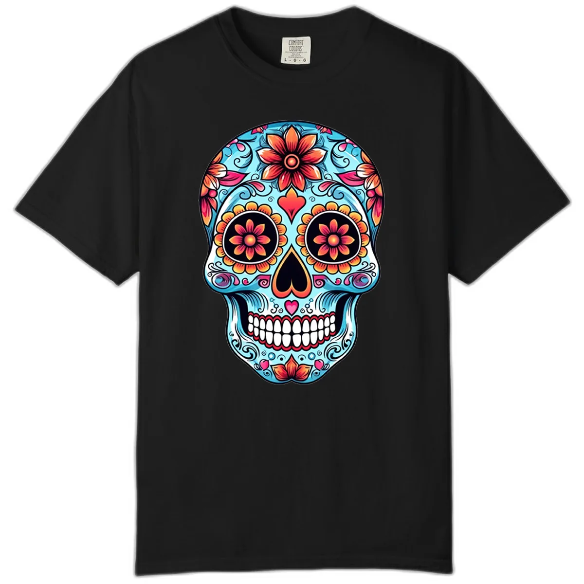 Vibrant Floral Calavera Sugar Skull Illustration Comfort Color in Black