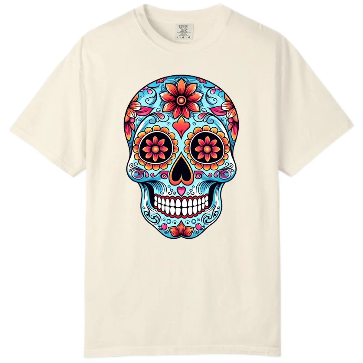Vibrant Floral Calavera Sugar Skull Illustration Comfort Color in Ivory