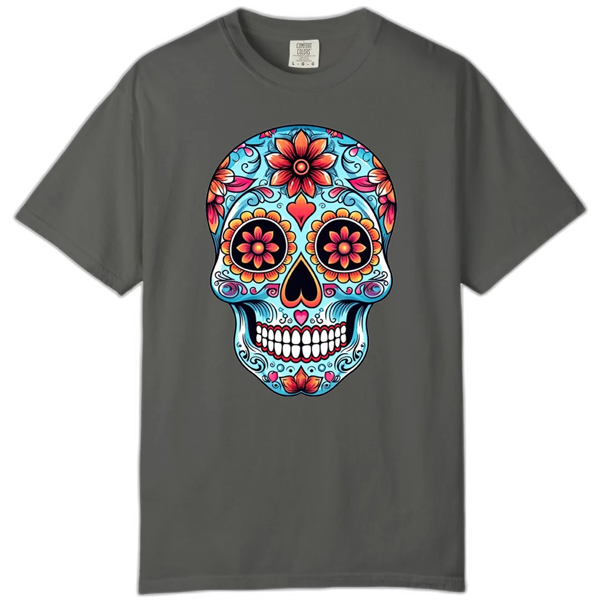 Vibrant Floral Calavera Sugar Skull Illustration Comfort Color in Pepper