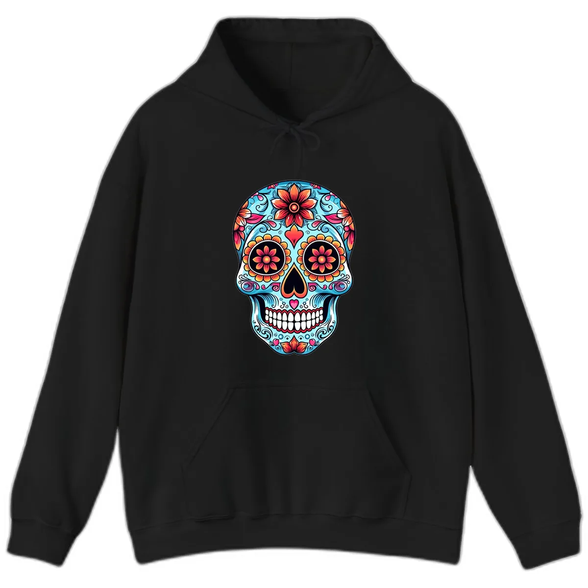 Vibrant Floral Calavera Sugar Skull Illustration Hoodie in Black